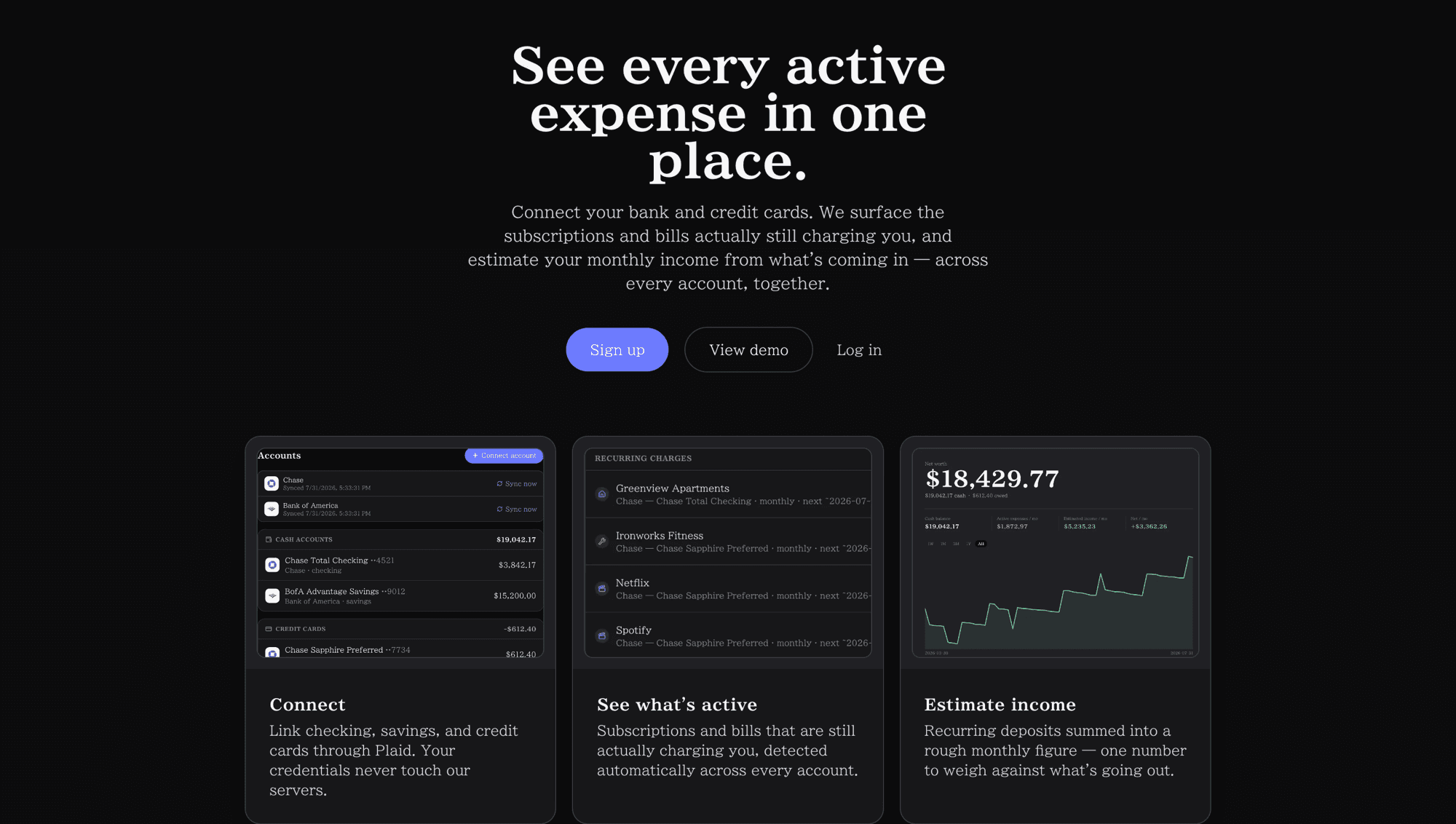 Perch: See every active expense in one place.